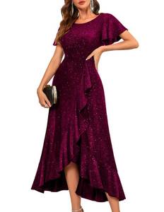 lot 4139 image: BeryLove Women Sequin Formal Party Dresses Flutter Short Sleeve Wedding Guest Cocktail Long Evening Dress S007 Dark Rose L
