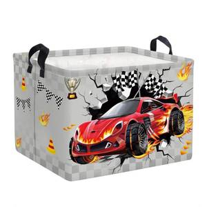 lot 4143 image: Clastyle Sport 3D Racing Car Boy Room Basket Racing Flag Monster Truck Toy Book Shelf Basket Large Rectangle Collapsible Dirty Clothes Storage Bin, Grey, 40  30  30 cm