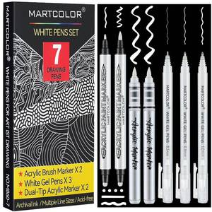 lot 4161 image: MARTCOLOR White Pens Set, 050810mm Assorted Tip Opaque White Gel Pens Dual-Tip Acrylic Paint Pen Brush Tip Acrylic Markers for Black Paper Drawing, Sketching, Illustration, Card Making, 7 Pack