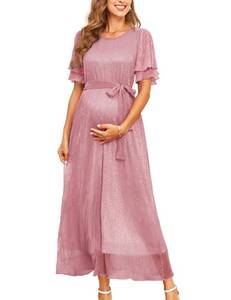 lot 4165 image: AISWI 2025 Maternity Sparkly Mesh Maxi Flowy Dress with Belt Ruffle Sleeves Pregnant Long Dress Baby Shower Photoshoot Formal, Plum Pink, XX-Large