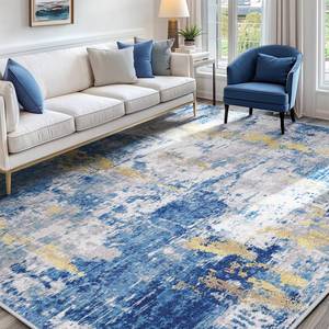 lot 5378 image: RELEANY Washable Area Rugs 5x7 Non-Slip Modern Abstract Soft for Living Room Entryway Bedroom Nursery, Print Pattern, Grey Blue GoldGolden