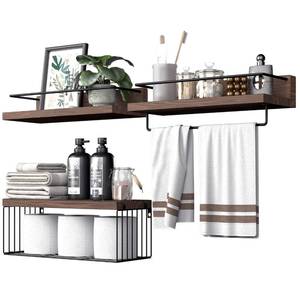 lot 5387 image: PopiShelves Bathroom Shelves Over Toilet for Wall, Floating Shelves with Storage Basket Paper Holer for Kitchen Living Room, Bedroom & Classroom, Set of 3 (Dark Brown)