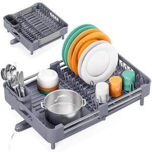 lot 5392 image: TOOLF Dish Drying Rack, Expandable Dish Rack for Kitchen Counter, Anti-Rust Dish Drainer, Sink Organization and Storage Essentials with Cutlery & Cup Holder, Gray