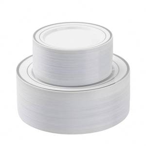 lot 5403 image: BESTSTAR 100 Piece Silver Rim Plastic Plates - 50 Dinner Plates 10.25 & 50 Dessert Plates 7.5 - Premium White Disposable Plates, Heavy Duty & Elegant for Wedding, Party, and Formal Events