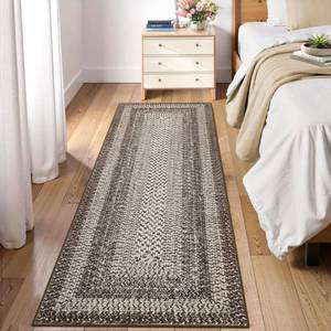 lot 5423 image: 2x6 Boho Runner Rug Braided Print Hallway Area Rug Machine Washable Throw Floor Cover Non Slip Moroccan Runner Carpet for Kitchen Farmhouse Rustic Carpet for Living Room Bedroom, Mocha
