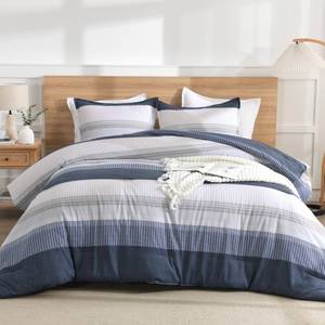 lot 5424 image: Litanika Oversized King Comforter Set Black Blue 128x120-3 Pieces Lightweight Colorblock Stripe Fluffy Bedding Comforter Sets, All Season Bed Set