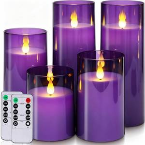 lot 5434 image: Homemory Purple Flickering Flameless Candles, Battery Operated Acrylic LED Pillar Candles with Remote Control and Timer, Purple Decor, Set of 5