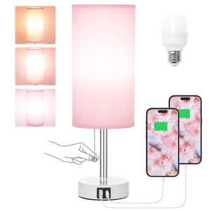 lot 6036 image: Hong-in Pink Bedside Lamp - 3 Color Modes, Small Lamp with USB-C and USB-A Charging Ports, Pull Chain, Nightstand Light for Bedroom, Office, Kids Room (Bulb Included)