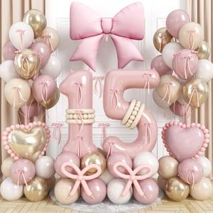 lot 6043 image: Pink Number 15 Balloon 40 Inch, Dusty Blush Pink Gold White Sand Latex Balloons Large 15 Digital Bow Heart Foil Balloon with ribbon bow for Girls Women Boho 15th Birthday Anniversary Party Decoration