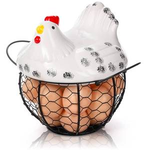lot 6070 image: AVLA Chicken Egg Basket, Black Wire Egg Collection Baskes with Ceramic Lid for Gathering Fresh Eggs, Chicken Egg Holder, Decorative Farmhouse Cute Eggs Storage Container for Kitchen, Countertop