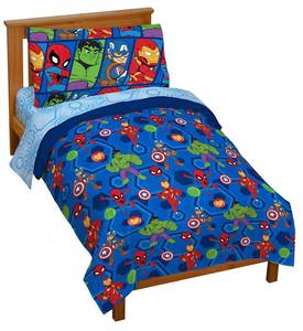 lot 6078 image: Jay Franco Marvel Super Hero Adventures Hero Together 4Piece Toddler Bed Set Super Soft Microfiber Bed Set Includes Toddler Size Comforter & Sheet Bedding Features The Avengers Official Product