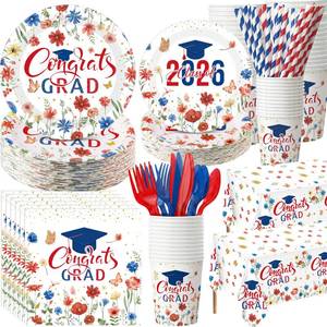 lot 6467 image: Ceenna 452 Pcs 2026 Red White Blue Floral Graduation Party Decoration for 50, Wildflower Congrats Grad Paper Plates Napkins Cups Tablecloth Cutlery Straw Grad Tableware for Class of 2026 Party Supply