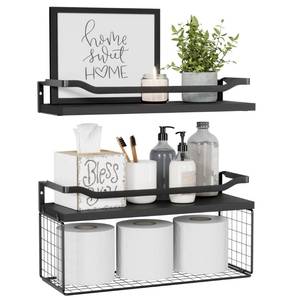 lot 9320 image: WOPITUES Floating Shelves with Wire Storage Basket, Bathroom Shelves Over Toilet with Protective Metal Guardrail, Wood Wall Shelves for Bathroom, Bedroom, Living Room, Toilet Paper-Black