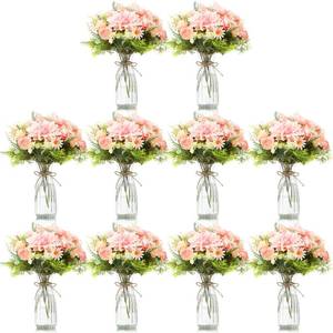 lot 9321 image: Reallnaive 30 Pack Artificial Flowers Table Centerpieces Decorations with Vase Wedding Mason Jar 20 Bundles Silk Floral Bouquet 10 Clear Vase with 1 Pcs Rope for Party Decor(Dahlia,Pink)