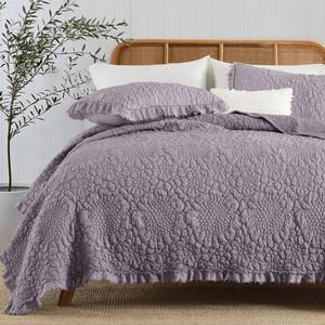 lot 9335 image: HORIMOTE HOME Shabby Chic Ruffled Quilt King Size,Grey Purple Stone-Washed Microfiber Lightweight Crinkled Farmhouse Rustic Bedding Set, 3 Pieces Reversible Bedspread with Pillow Shams for All Season