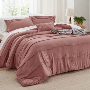 lot 9341 image: Bedsure Twin Comforter Set - 3 Pieces Pinch Pleat Bed Set, Dusty Pink Boho Bedding for All Season, 1 Soft Comforter, 1 Pillowcase, 1 Decorative Pillow