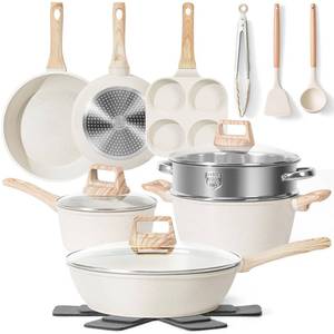 lot 9349 image: 17 Pcs Pots and Pans Set Non stick��Cookware Sets White Granite Induction Cookware, Non-toxic Healthy Non Stick Kitchen Cooking Set with Frying Pans Set, Saucepans (PFAS, PFOA, PFOS Free) White