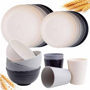 lot 9362 image: Rubtlamp Wheat Straw Dinnerware Sets, 16PCS Plastic Dinnerware Set for 4, Wheat Straw Plates and Bowls Sets, Unbreakable Dinnerware Plastic Microwave Safe Dishes Set for Kitchen&Camping
