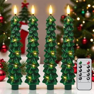 lot 9366 image: Lasumora Christmas Tree Candles with Remote Timer, 4 Pcs Waxy Flameless Taper Candles with Embedded String Lights, Battery Operated LED Candlesticks 3D Flame Wick, Green Gifts Christmas Decorations