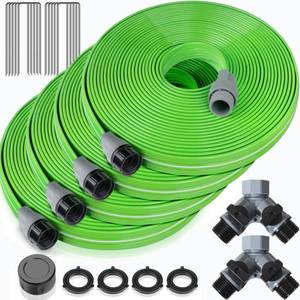 lot 11849 image: LAVEVE Heavy Duty Sprinkler Soaker Hose 100 FT, Flat Garden Hose with Holes, Efficient Flexible Irrigation Hose for Yard, Lawn and Garden, Includes Stakes (25FT x 4Pack)