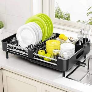 lot 11850 image: Urackify Stainless Steel Dish Drying Rack - Dish Drainer for Kitchen Counter, Extendable Drainboard with Foldable, Space-Saving Cup & Bowl Organizer, Includes Knife and Utensil Holder, Black