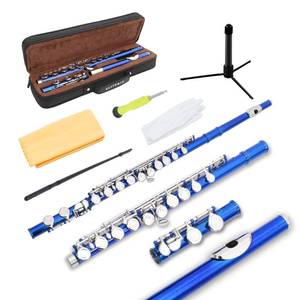 lot 11861 image: EASTROCK Closed Hole Flutes C 16 Key for Beginner, Kids, Student -Silver Nickel Flute with Case Stand and Cleaning kit (Blue)