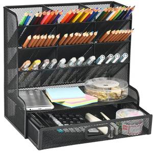 lot 11870 image: Marbrasse Mesh Pen Holder for Desk, Multi-Functional Pencil Organizer with Drawer, Desk Organizers and Accessories for Office Art Supplies (Large Black)