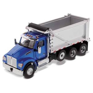 lot 11871 image: Diecast Masters KenworthT880S SFFA Dump Truck - Metallic Blue  Tandem with Pusher Axle & Interior Ox Bodies Stampede Cab 150 Scale Model Semi Trucks 71078