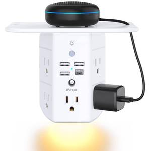lot 11872 image: Wall Outlet Extender with Shelf and Night Light, Surge Protector, Wall Mount Charger Multi Plug Expander with 5 AC Outlets and 3 USB A Ports 1 USB C, Wide Space 3-Sided Power Strip Multi Plug Outlets