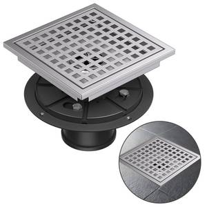 lot 11883 image: Square Shower Floor Drain with Flange, 4 Inch Brushed Nickel Shower Drain Hair Catcher, SUS304 Stainless Steel Floor Drain Strainer, Shower Drain Cover