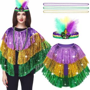 lot 11891 image: Maiteenly 5Pcs Mardi Gras Costume Set Shawl Scarf Poncho, Feather Headband, Beads Necklaces, Mardi Gras Outfit for Women Carnival Party(L)