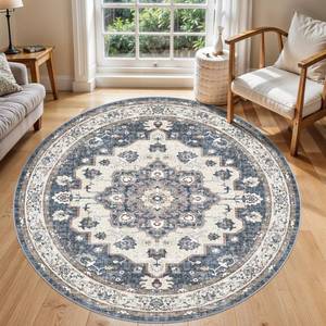 lot 11920 image: Washable Living Room Circle Rug 6ft Round Rugs for Bedroom Dining Room Indoor Oriental Ultra Thin Soft Carpet Water Resistant Floral Distressed Non-Shedding Floor Carpets Home Decor (6ft-Round,Blue)