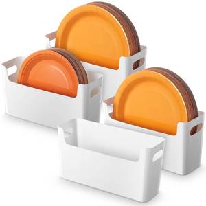lot 11923 image: Reallnaive 4 Pcs Paper Plate Dispenser for 6-9.5 Inch Disposable Plates Space Saving Cabinet, Foam and Paper Plate Storage Organizer for Kitchen Countertop RV or Outdoor Apartments