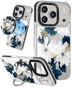 lot 12197 image: Lotadilo Case for iPhone 17 Pro Case Compatible with Magsafe Ring Holder Stand - for Women Blue Flower Design TPU Phone Cover for Girls Girly Funny Fashion