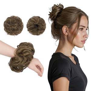 lot 12198 image: FESHFEN 2PCs Small Messy Bun Hair Piece for Thin Hair Women Girl Mini Synthetic Elastic Wavy Space-bun Scrunchies Updo Hairpieces, Brown Mix Brown