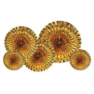 lot 12224 image: Beistle 5 Piece Metallic Foil Hanging Decorative Fans for Birthday Party, Anniversary Celebration, Bridal Shower, Happy New Years Eve Decorations
