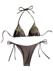 lot 12239 image: Verdusa Womens 2 Piece Halter Bikini Set Triangle Bikinis Boho Seashell Tie Backless Swimsuit Vacation Outfit Brown Medium
