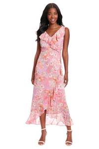 lot 12244 image: London Times Womens Dresses Chiffon Faux Wrap Ruffle Maxi Dress Guest of Wedding, Sunrise Floral - Pink, 14
