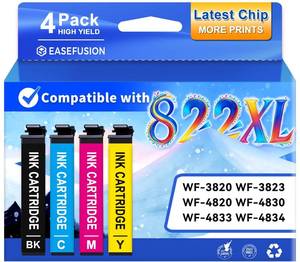 lot 12249 image: Latest Chip Remanufactured Ink Cartridges Replacement for Epson 822XL 822 XL Ink Cartridges Combo Pack Works with Workforce Pro WF-3820, WF-3823, WF-4820, WF-4830, WF-4833, WF-4834 Printers (4-Pack) (Black Small Leaking)
