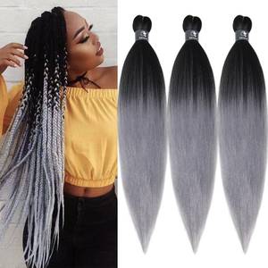 lot 12250 image: Pre Stretched Braiding Hair Ombre Black Silver Grey Braiding Hair Pre Stretched Kanekalo 26 Inch Long Prestretched Braiding Hair Ombre Synthetic Hair for Braiding Extensions UPruyo (3 Packs)