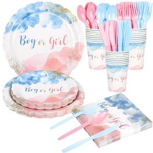 lot 12279 image: 175Pcs Gender Reveal Plates and Napkins set-Serve 25, Boy or Girl Gender Reveal Party Tableware Set Includes Disposable Scalloped Paper Plates Napkins Cups Cutlery for Baby Gender reveal Party