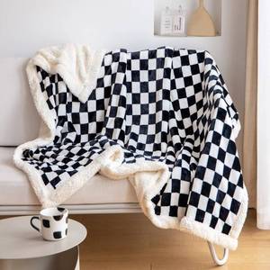 lot 13009 image: LOMAO Sherpa Throw Blanket Fleece Blanket with Checkered Pattern Soft Thick Blanket for Couch, Bed, Sofa Luxurious Warm and Cozy for All Seasons (Black, 51x63)