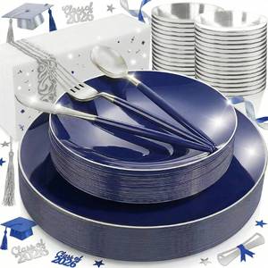 lot 13011 image: KIRE 175Pcs Blue Plastic Plates with Silver Rim & Disposable Silverware with Blue Handle & Silver-rim Cups & Hand Napkin & Plastic Dinnerware for PartiesWeddingGraduationMemorial DayFathers Day