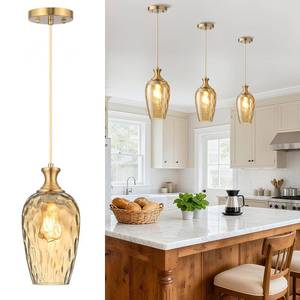lot 13042 image: SADUENFR Glass Pendant Lights Kitchen Island, 1-Light Gold Pendant Light Fixtures with Hammered Amber Glass, Vintage Hanging Light for Kitchen Sink Dining Room Bedroom, E26