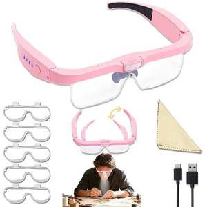 lot 14296 image: Professional Magnifying Glasses Headset with 5 Detachable Lenses 0.75X-4.0X & 3 LED Lights, Rechargeable Hands-Free Headband Magnifier for Close Work, Jewelry Crafts Hobby (Pink)