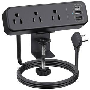 lot 14299 image: 3 Outlet Desk Clamp Power Strip with USB C, Black Flat Plug Desktop Edge Clamp Power Socket Connect 6.5 ft Thin Extension Cord for 1.6 inch Tables