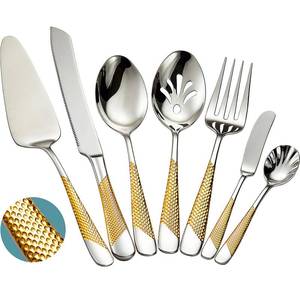 lot 14303 image: Xideman� 7-Piece Hammered 1810 Stainless Steel Silverware Serving Utensil Set - Hostess Flatware with Cake Knife & Cake Server (Silver Gold)