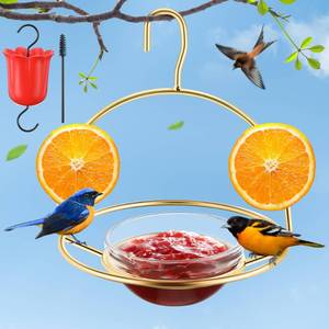 lot 14359 image: 1 Pack Metal Oriole Feeders for Outdoors Hanging with Ant Moat and Fruit Holder, Oriole Feeder with Glass Bowl, Easy to Disassemble and Wash, Bird Feeder for Garden, Outdoor, Gift (Gold)