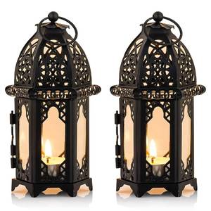 lot 14362 image: NUPTIO Moroccan Style Candle Lantern, Small Sized Tealight Candle Holder with Transparent Glass Panels Great for Patio, IndoorsOutdoors, Events, Parties and Weddings (2 Pcs Small Size, Black)