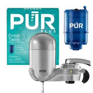 lot 16248 image: PUR PLUS Vertical Faucet Mount Water Filtration System, Lead-Reducing Filter, Great-Tasting Water, Easy Install, Lasts 100 Gallons, Compatible with Sinks with External Aerators, Stainless Steel